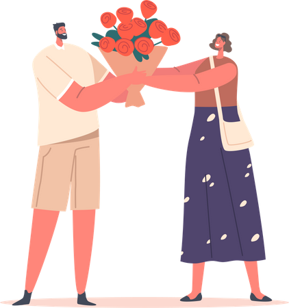 Man Gives bouquet to Happy Girlfriend  Illustration