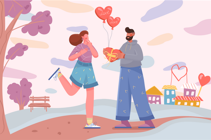 Man gives chocolate candy to woman on valentine day  Illustration