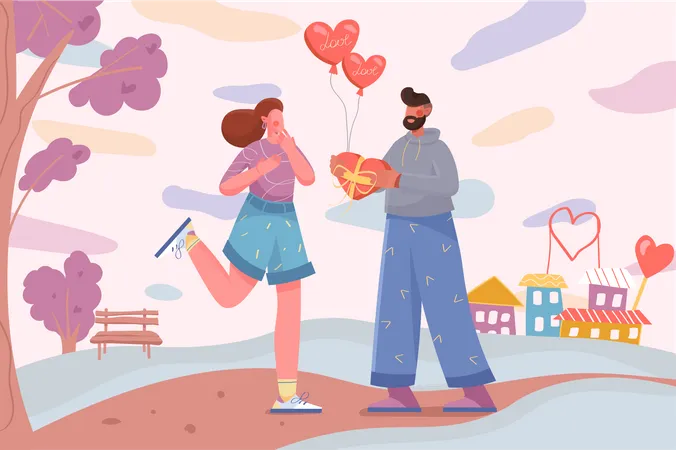 Man gives chocolate candy to woman on valentine day  Illustration