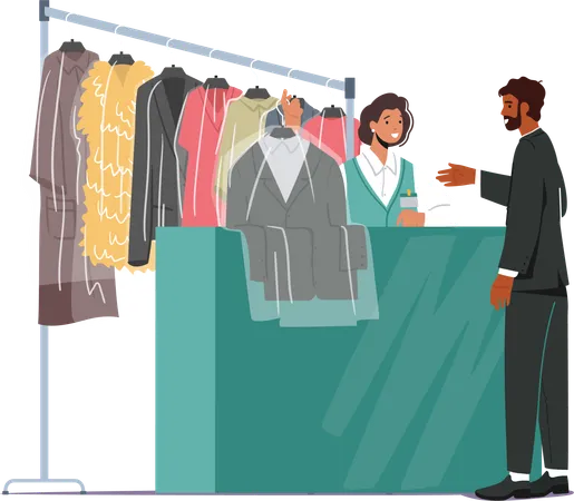Dry Laundry Cleaning Service Female Character Professional Worker Giving To Client Clean Clothes On Reception With Hanger Customer Visiting Industrial Public Launderette Cartoon Vector Illustration Illustration