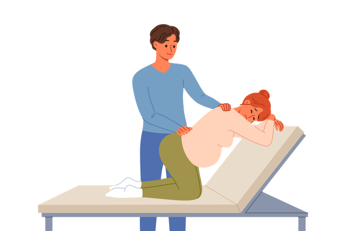 Man gives massage to pregnant woman kneeling on hospital bed waiting for labor to begin  Illustration