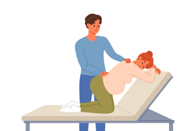 Man gives massage to pregnant woman kneeling on hospital bed waiting for labor to begin  Illustration