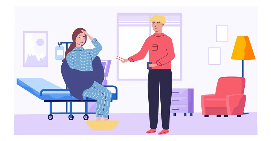 Woman Is Suffering From Headache And Soaring Feet Guy Gives Girl Pills And Treats Her In Hospital Prevention Of Spread Of Colds And Coronavirus Sick Female Character Is Undergoing Treatment Illustration