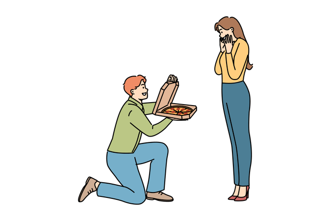 Man gives pizza to beloved and standing on knee and delighting girlfriend with food from restaurant  Illustration
