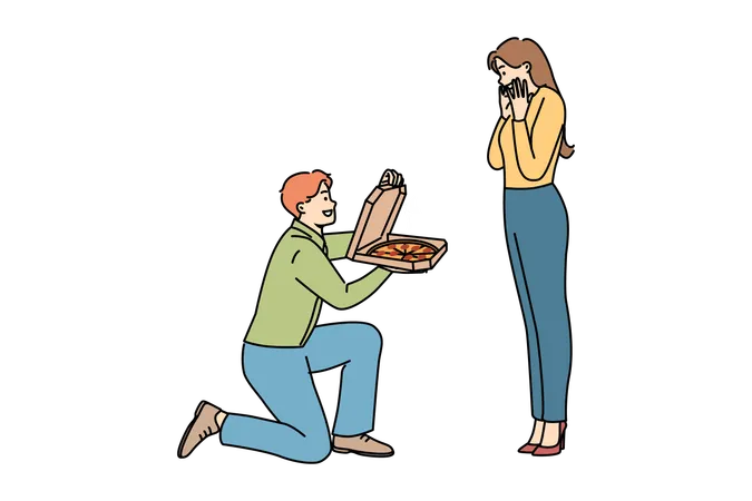 Man Gives Pizza To Beloved Standing On Knee And Delighting Girlfriend With Fresh Food From Italian Restaurant Cheerful Boyfriend Proposes Marriage To Girl With Pizza Instead Of Wedding Ring Illustration