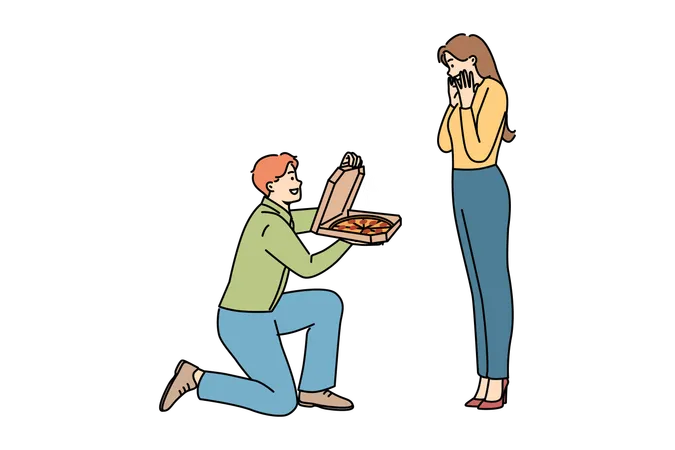 Man gives pizza to beloved and standing on knee and delighting girlfriend with food from restaurant  Illustration