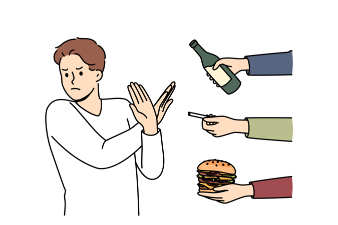 Man gives up bad habits and making forbidden gesture near hands with alcohol and cigarettes or fastfood  イラスト