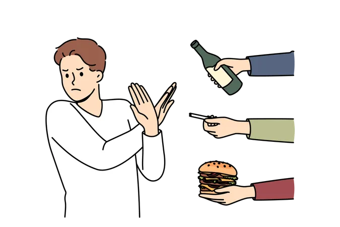 Man gives up bad habits and making forbidden gesture near hands with alcohol and cigarettes or fastfood  Illustration