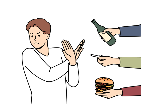 Man gives up bad habits and making forbidden gesture near hands with alcohol and cigarettes or fastfood  Illustration