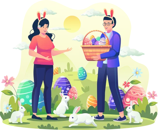 Man Giving A Basket Full Of Decorated Easter Eggs To Woman In The Garden With Rabbits A Couple Celebrates Easter Day Flat Style Vector Illustration Illustration