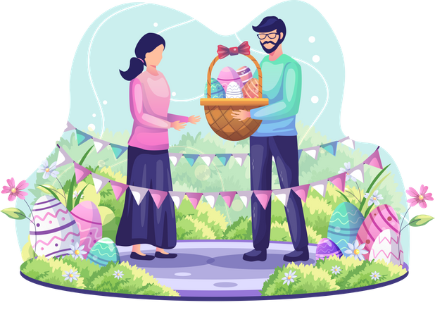 Man giving a basket full of Easter eggs to a girl  Illustration