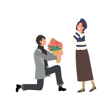 Man Giving a Rose Bouquet to a Woman  Illustration