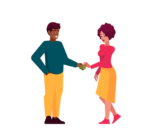 Financial Help Gift Debt Concept Man Giving Banknotes To Woman With Stretched Hand Female Character Taking Loan Borrowing Money From Friend Or Husband Cartoon People Vector Illustration 일러스트레이션