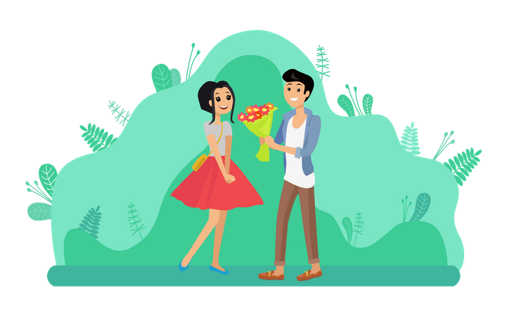 Man giving bouquet to girl  Illustration