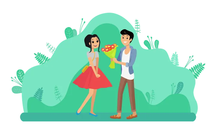 Man giving bouquet to girl  Illustration
