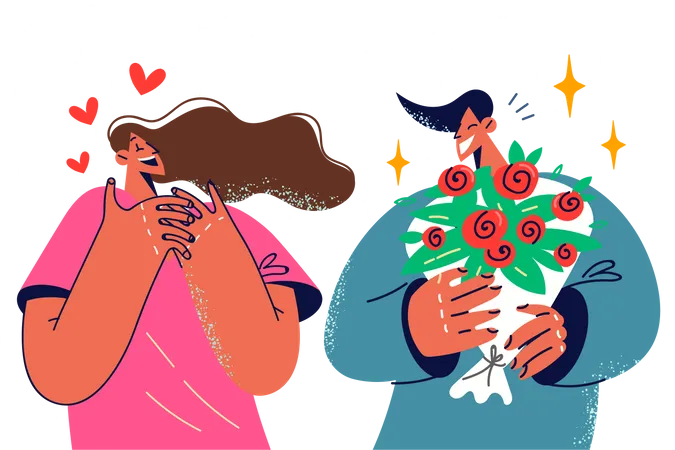 Man giving bouquet to woman  Illustration