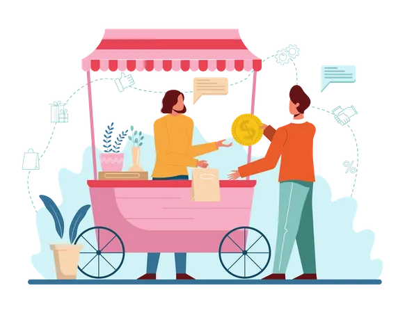 Man giving cash payment to stall seller Illustration