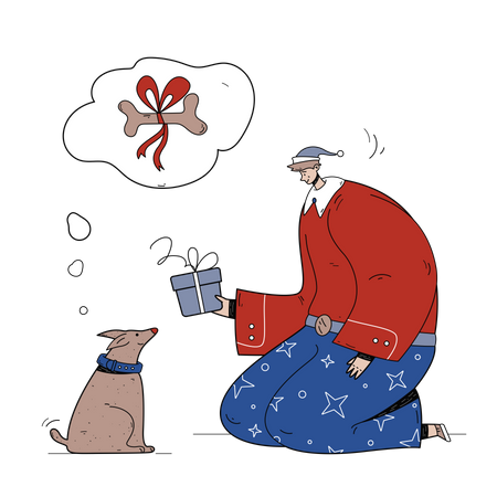 Man giving Christmas gift to pet dog Illustration