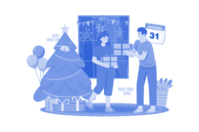 Man giving Christmas Gift To Woman  Illustration