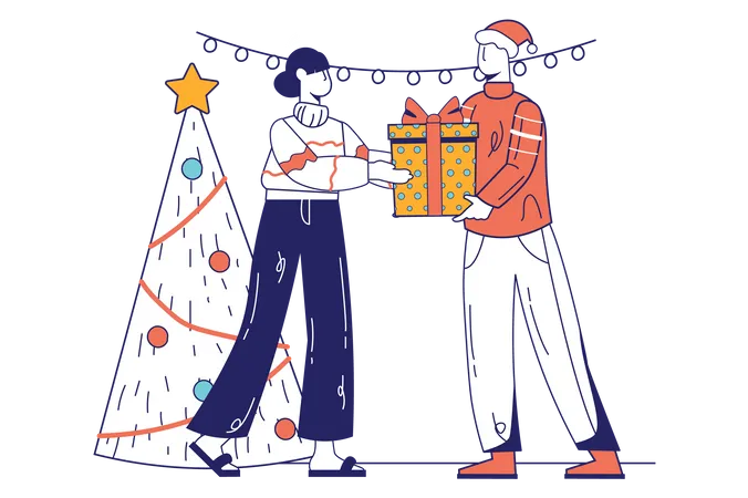 Merry Christmas Concept In Flat Line Design For Web Banner Man Gives Gift To Woman Near Holiday Tree At Festive Celebrate Party Modern People Scene Vector Illustration In Outline Graphic Style Illustration
