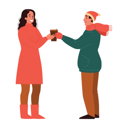 Man giving coffee cup to woman  イラスト