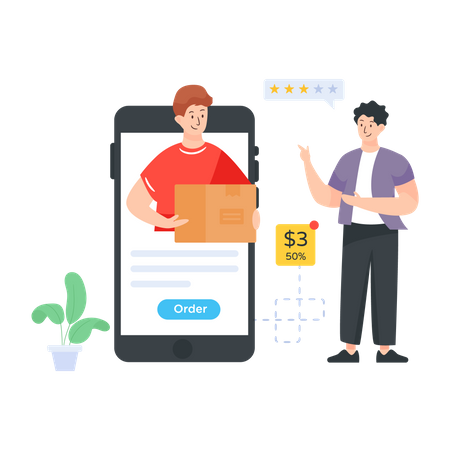 Man giving delivery rating by delivery app Illustration