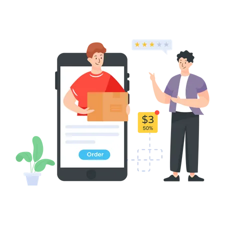 Man giving delivery rating by delivery app  일러스트레이션