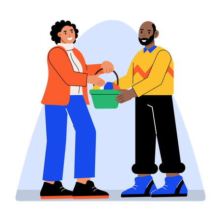 Man giving easter hamper to friend  Illustration