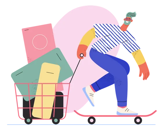 Express Shopping Online Shopping And Electronic Commerce Series Modern Flat Vector Concept Illustration Man On Skateboard With Shopping Basket Promotion Discounts Sale And Online Orders Concept Illustration