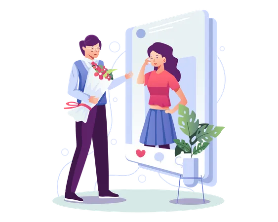 Man giving flower bouquet to girl via smartphone  Illustration