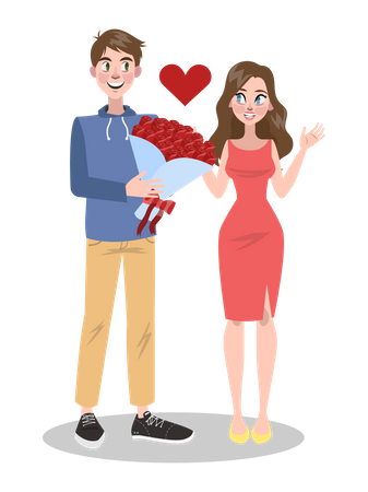 Man giving flower bouquet to woman Illustration