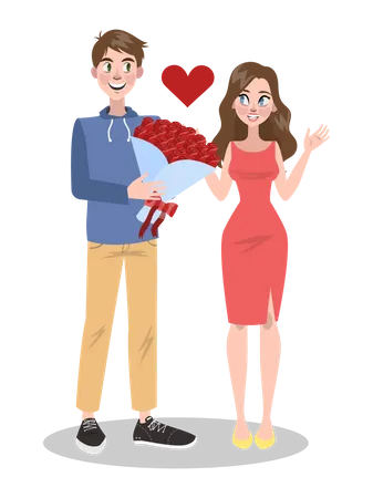 Man giving flower bouquet to woman  Illustration