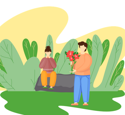 Man giving flower to woman  Illustration