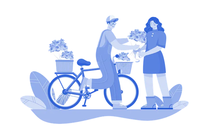 Man Giving flowers bouquet on cycle  Illustration