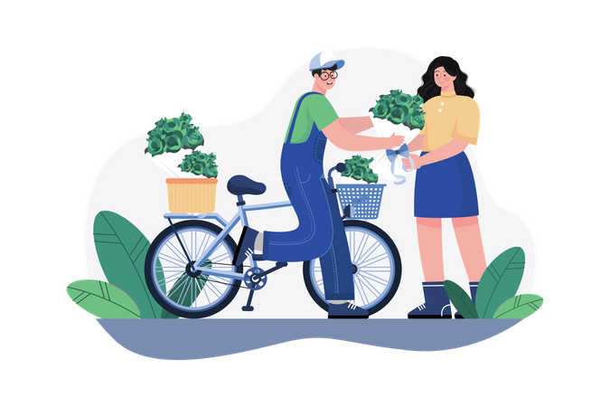 Man Giving flowers bouquet on cycle Illustration