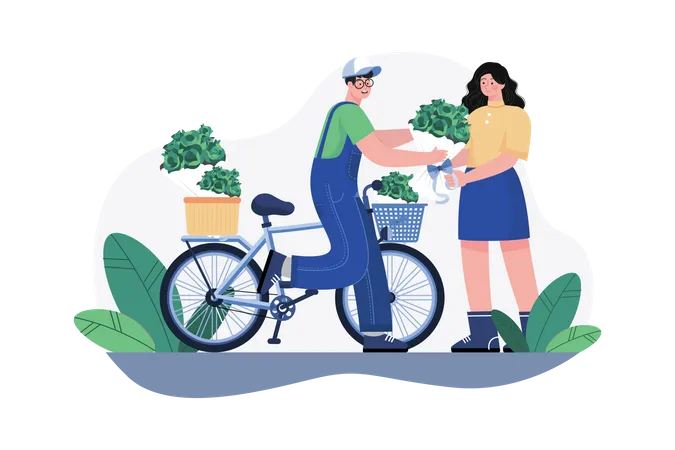 Man Giving flowers bouquet on cycle Illustration