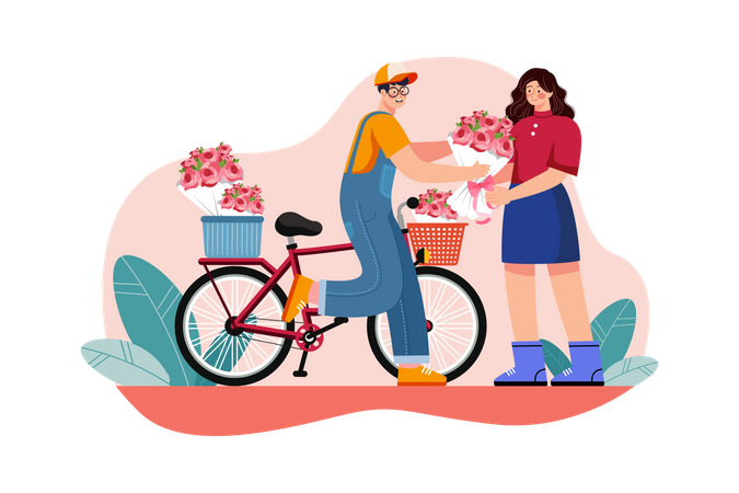 Man Giving flowers bouquet on cycle  Illustration