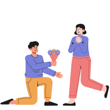 Man Giving Flowers to Partner on Valentine's Day  Illustration