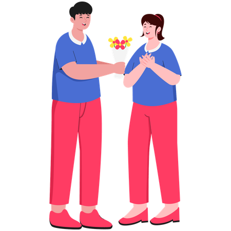 Man Giving Flowers To Woman He Adores  Illustration