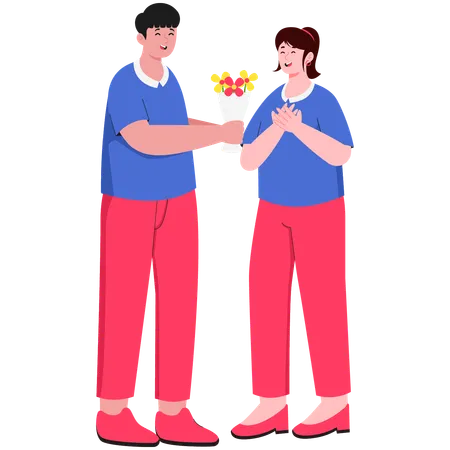 Man Giving Flowers To Woman He Adores  Illustration