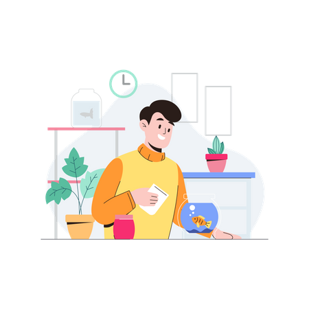 Man giving food to fish  イラスト