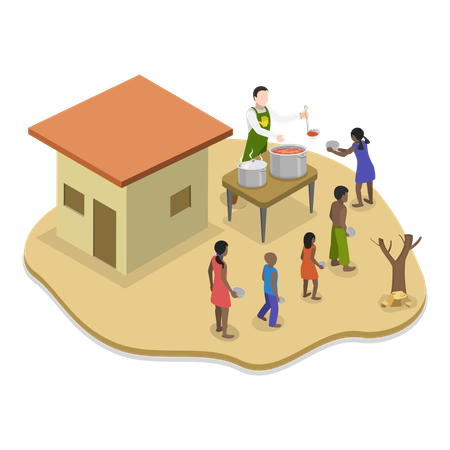 Man giving food to hunger children  Illustration