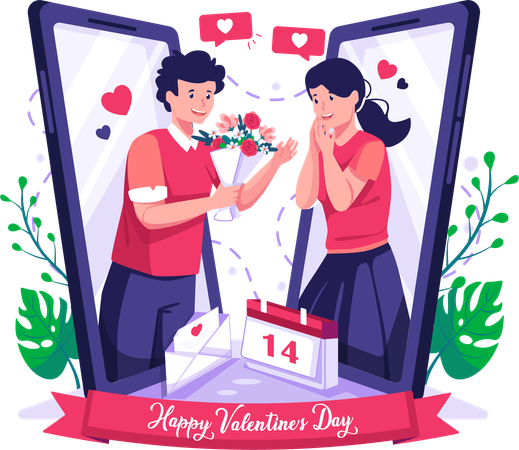 Man giving gift to her girlfriend online Illustration
