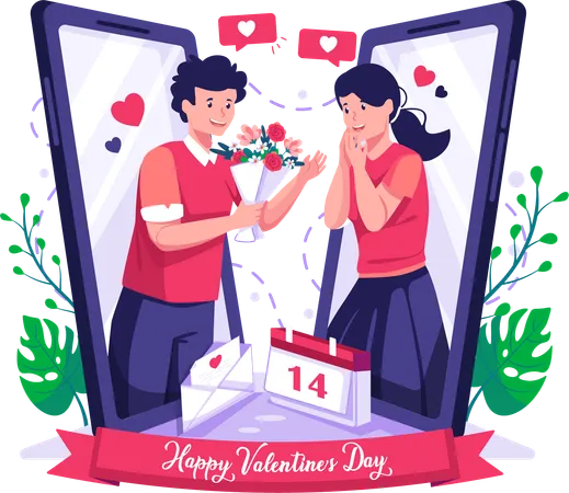 Man giving gift to her girlfriend online Illustration