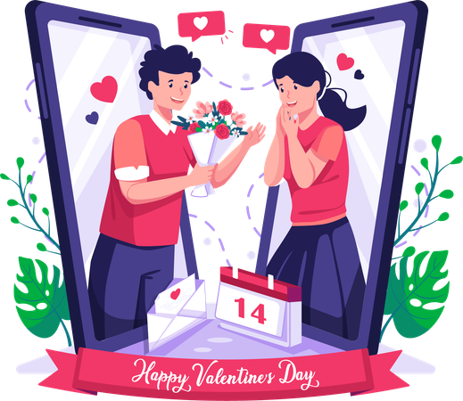 Man giving gift to her girlfriend online  Illustration