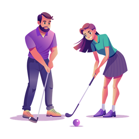 Man giving golf lesson to woman  Illustration