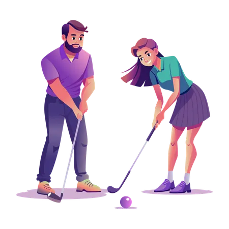 Man giving golf lesson to woman  Illustration