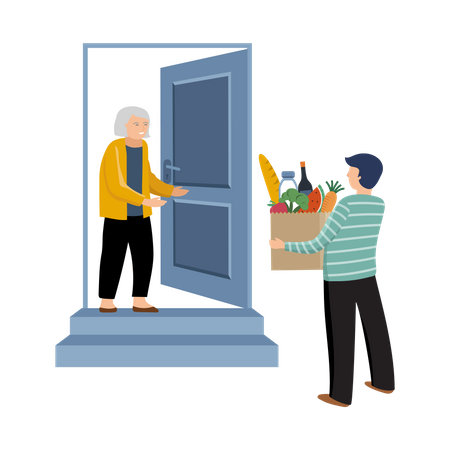 Man giving groceries to old woman  Illustration