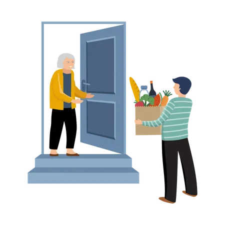 Man giving groceries to old woman Illustration