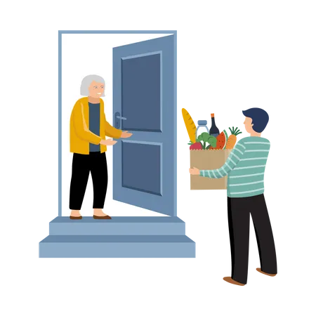 Man giving groceries to old woman  Illustration